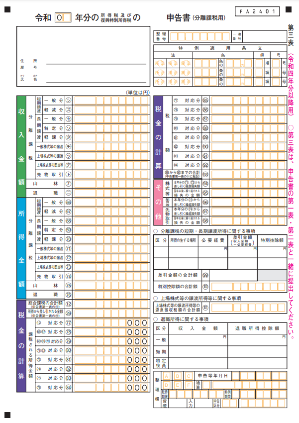 確定申告書（第三表）