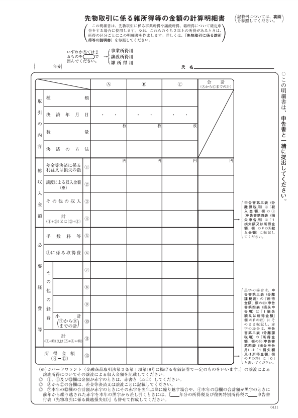 先物取引に係る雑所得等の金額の計算明細書