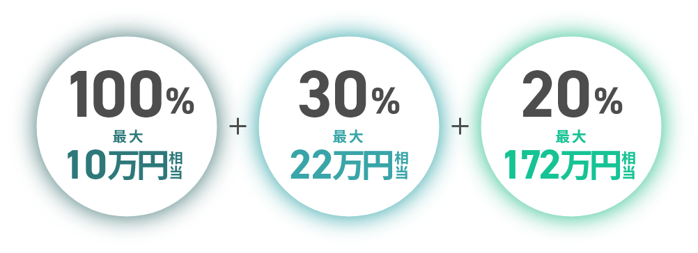 100％最大10万相当＋30％最大22万相当＋20％最大172万相当